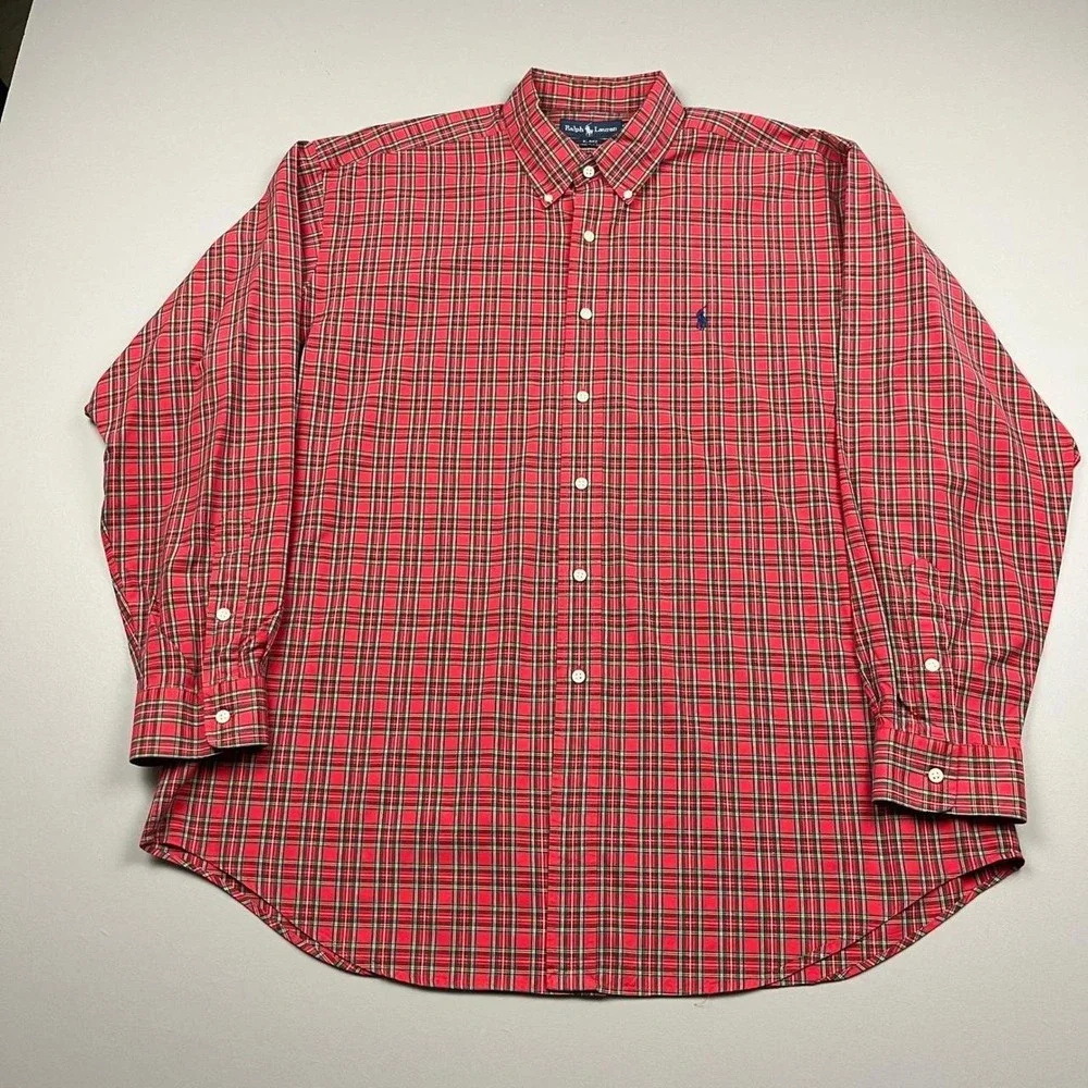 Ralph Lauren Button Down Shirt Mens XL Red Plaid Blake 100% Cotton Long Sleeve